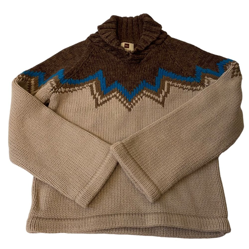 Andes Intarsia Fair Isles‎ Pima cotton beige blue pullover kids 6C knit sweater